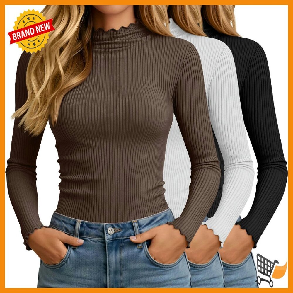 3 Pack Cotton Turtleneck Tops Long Sleeve Ribbed Lettuce Trim Slim Fit